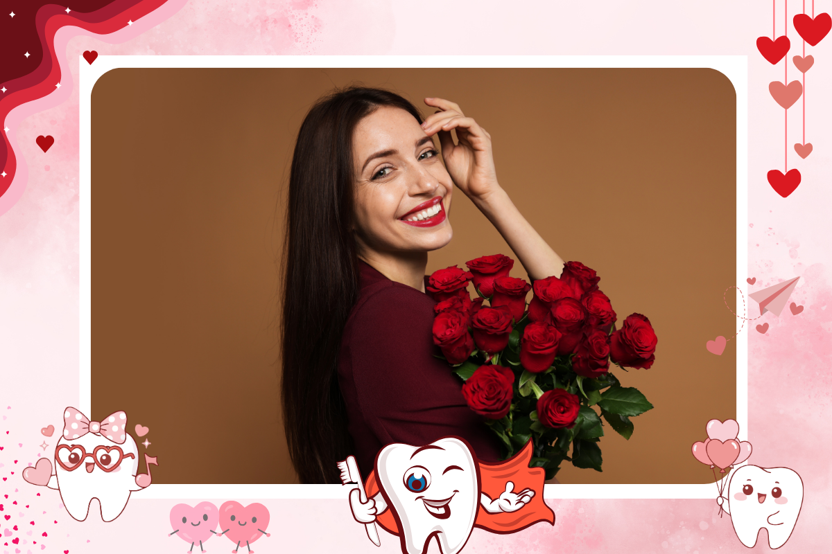 Celebrate Valentine’s Day with a Brighter Smile Guide for Buckeye Residents Woman smiling with red roses against brown background, Valentine's Day themed dental clinic frame.